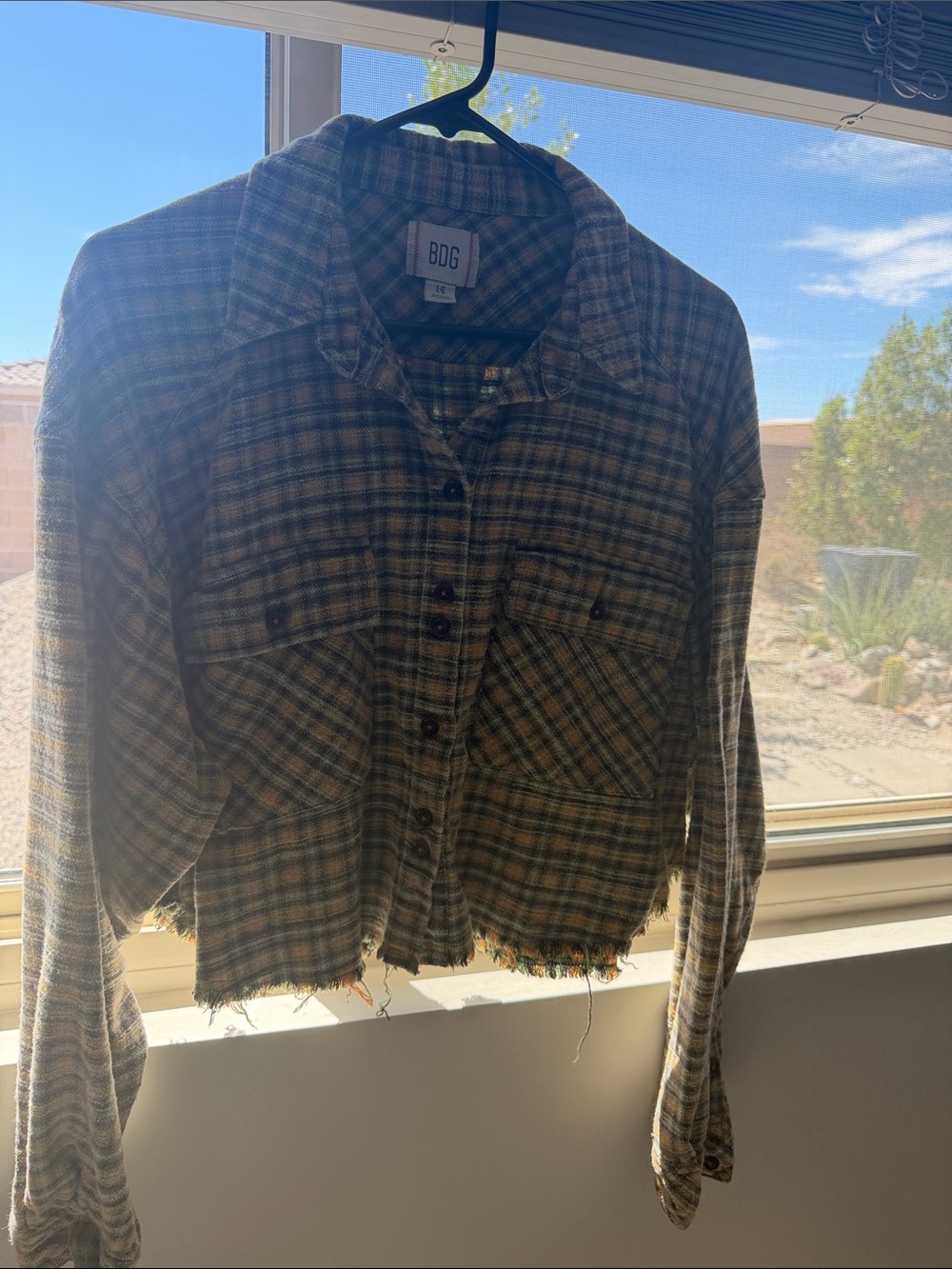 BDG Cropped Plaid Button-Front flannel in Green and Brown Multi